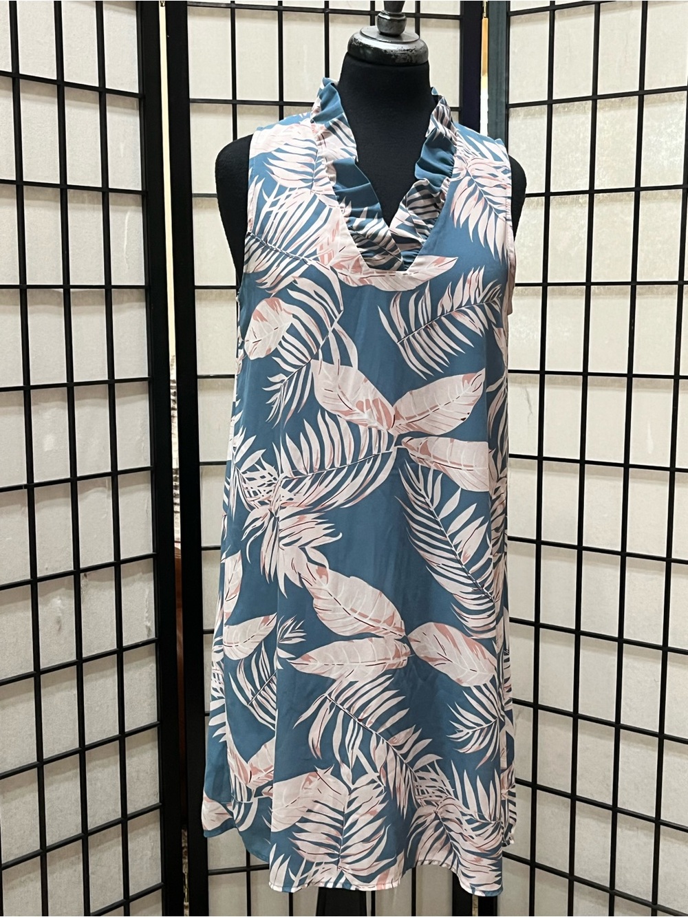 FSL APPAREL V-NECK Sleeveless Blue Tropical Print Women’s SHIFT DRESS SIZE S